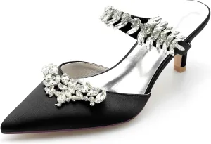TNXZ Women Kitten Heeled Mules Rhinestone Strappy Pointed Toe Slip on Bridal Sandals for Women Satin Wedding Evening Dress Shoes