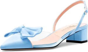 TNYNFBEB Women Chunky Block Mid Heel Pointed Toe Sandals Ankle Strap Slingback Buckle Bow-knot Party Cute 2.0 Inches Heels