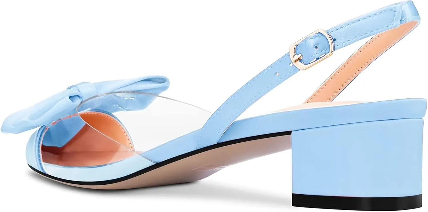 TNYNFBEB Women Chunky Block Mid Heel Pointed Toe Sandals Ankle Strap Slingback Buckle Bow-knot Party Cute 2.0 Inches Heels