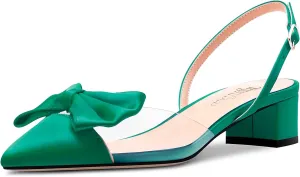 TNYNFBEB Women Chunky Block Mid Heel Pointed Toe Sandals Ankle Strap Slingback Buckle Bow-knot Party Cute 2.0 Inches Heels