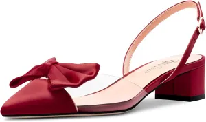 TNYNFBEB Women Chunky Block Mid Heel Pointed Toe Sandals Ankle Strap Slingback Buckle Bow-knot Party Cute 2.0 Inches Heels
