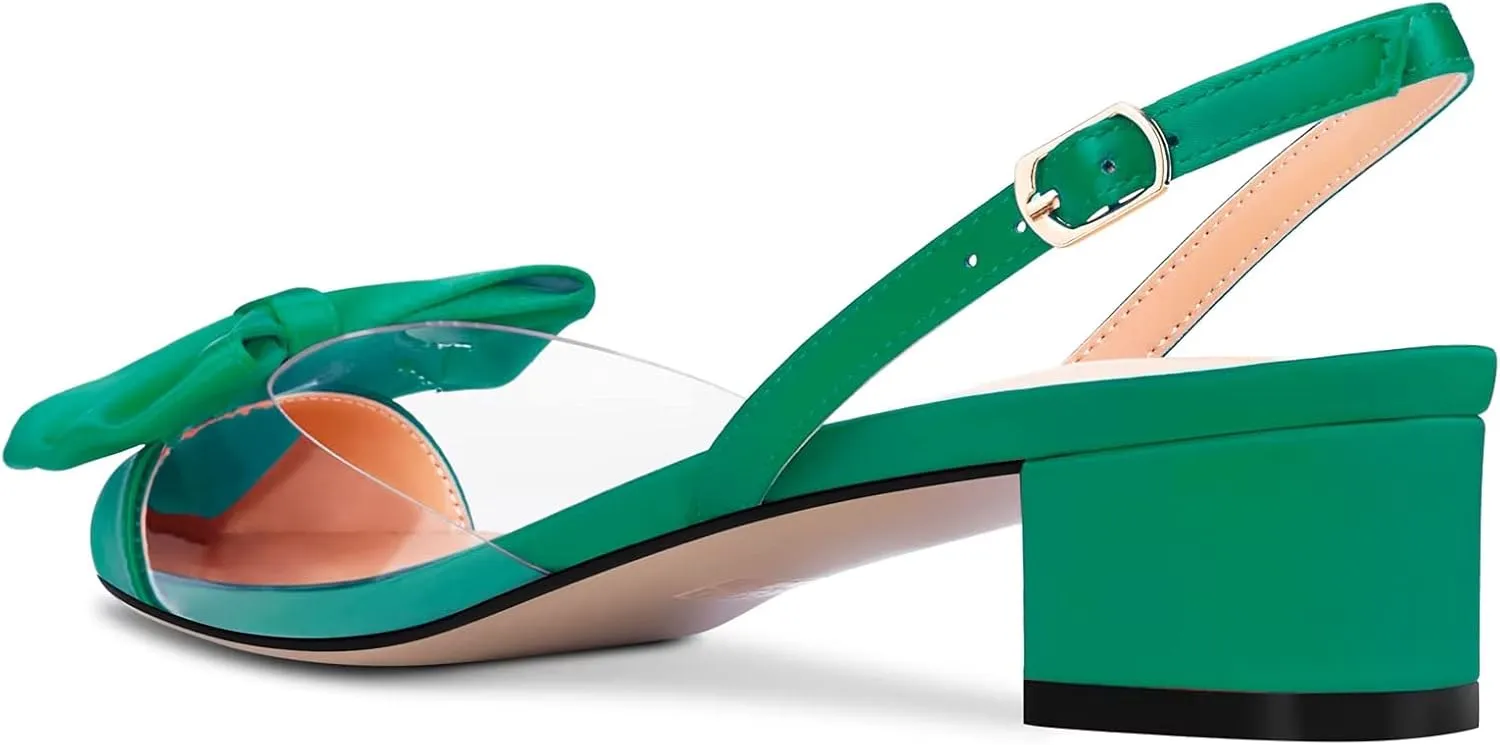 TNYNFBEB Women Chunky Block Mid Heel Pointed Toe Sandals Ankle Strap Slingback Buckle Bow-knot Party Cute 2.0 Inches Heels