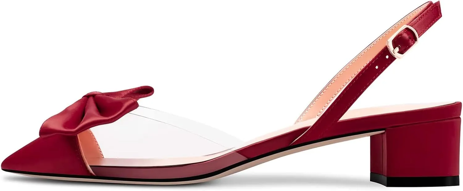 TNYNFBEB Women Chunky Block Mid Heel Pointed Toe Sandals Ankle Strap Slingback Buckle Bow-knot Party Cute 2.0 Inches Heels