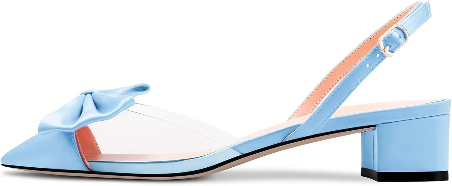TNYNFBEB Women Chunky Block Mid Heel Pointed Toe Sandals Ankle Strap Slingback Buckle Bow-knot Party Cute 2.0 Inches Heels