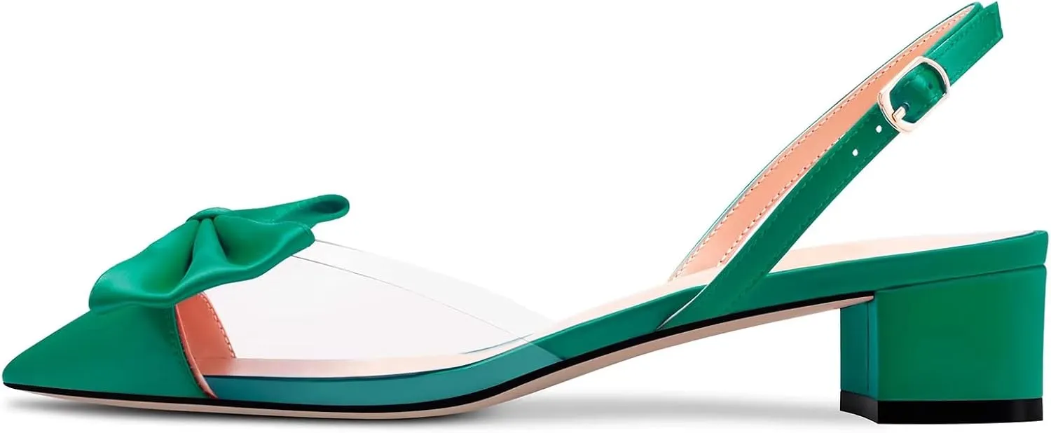 TNYNFBEB Women Chunky Block Mid Heel Pointed Toe Sandals Ankle Strap Slingback Buckle Bow-knot Party Cute 2.0 Inches Heels