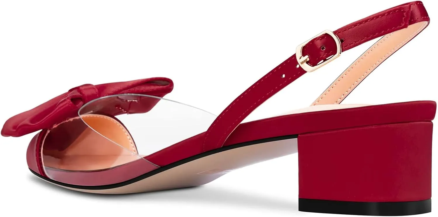 TNYNFBEB Women Chunky Block Mid Heel Pointed Toe Sandals Ankle Strap Slingback Buckle Bow-knot Party Cute 2.0 Inches Heels