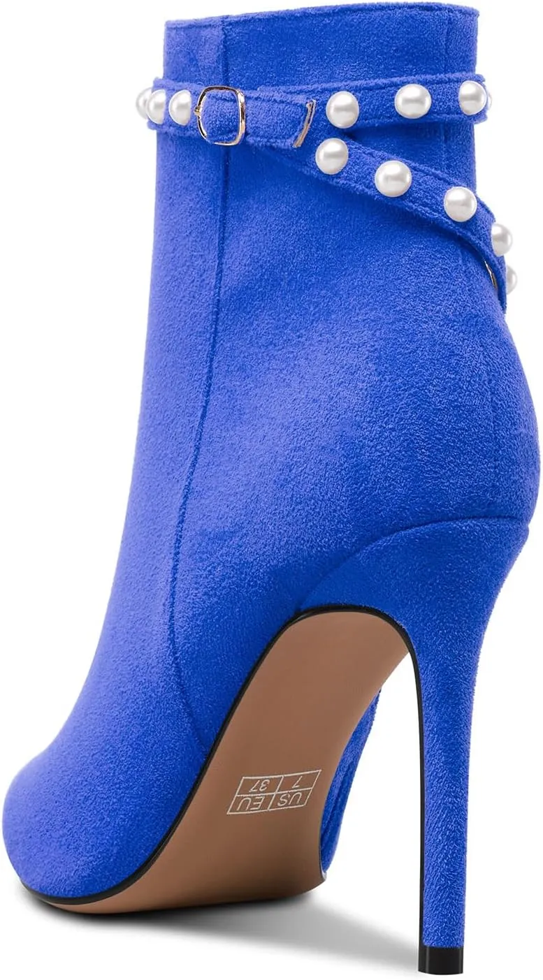 TNYNFBEB Womens Stiletto High Heel Pointed Toe Ankle Boots Short Bootie Boots Zipper Pearls Prom Dress Winter 3.9 Inches Heels