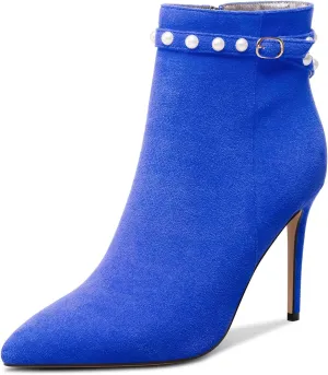 TNYNFBEB Womens Stiletto High Heel Pointed Toe Ankle Boots Short Bootie Boots Zipper Pearls Prom Dress Winter 3.9 Inches Heels
