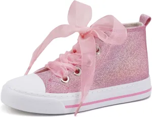 Toandon Little Kids Girls Glimmer Glitter Ribbon Lace Sneakers Age 3-10
