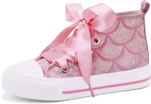Toandon Little Kids Girls Glimmer Glitter Ribbon Lace Sneakers Age 3-10
