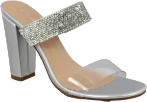 TOP Moda Women Clear Open Round Toe Double Strap Rhinestone Embellished Chunky Mule Heel Sandal