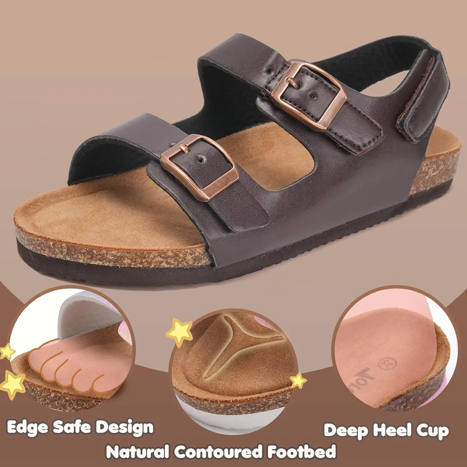 Torotto Girls Boys Sandals with Cork Footbed Adjustable Buckle Casual Slides Sandals Open Toes Flat for Kids Toddler