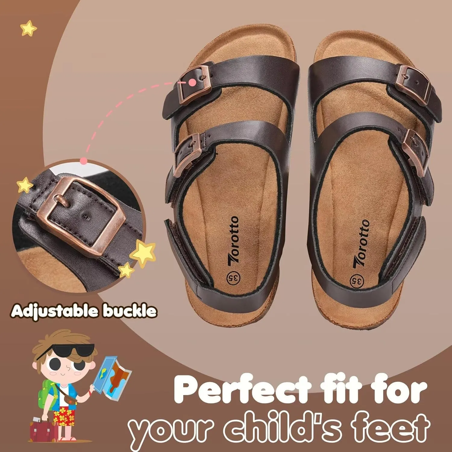 Torotto Girls Boys Sandals with Cork Footbed Adjustable Buckle Casual Slides Sandals Open Toes Flat for Kids Toddler