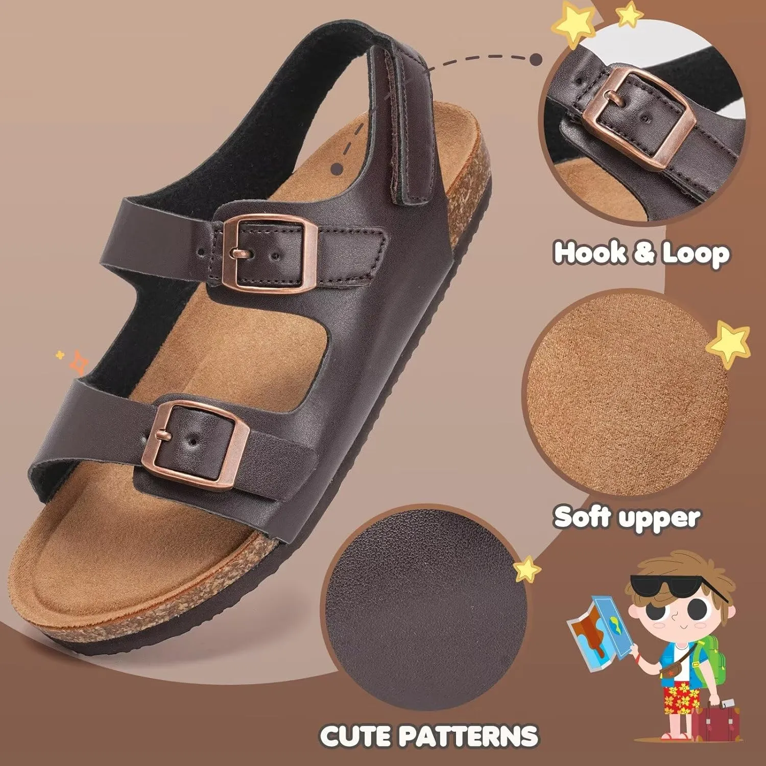 Torotto Girls Boys Sandals with Cork Footbed Adjustable Buckle Casual Slides Sandals Open Toes Flat for Kids Toddler