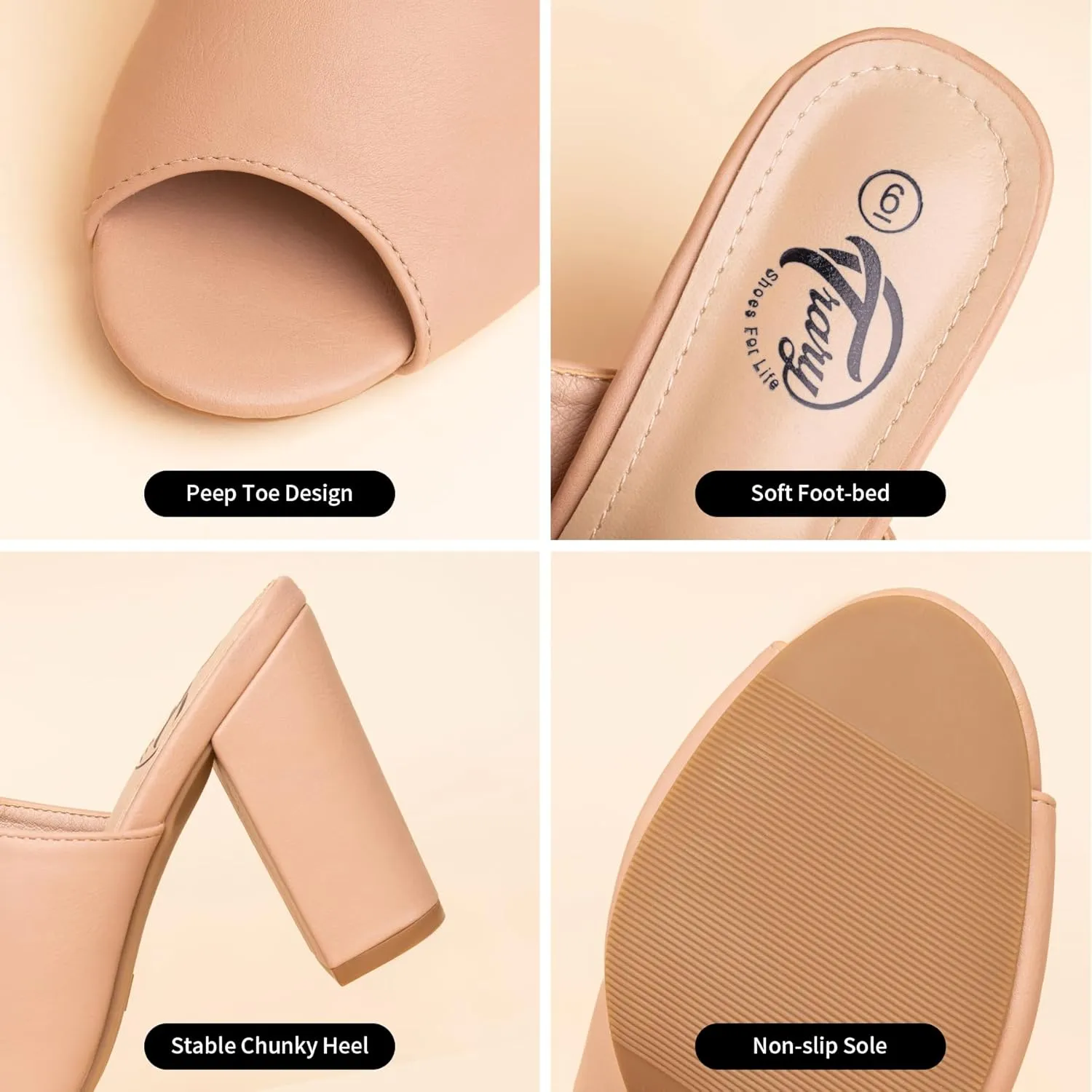 Trary Heels Sandals for Women, Women's Chunky Block High Heels Open Toe Heels Sandals Slip on Mules Comfortable Casual Dressy Black White Pink Brown Pumps