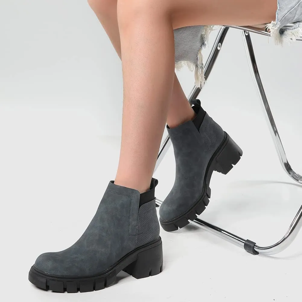 Tscoyuki Women's Chelsea Lug Sole Ankle & Bootie, Retro Round Toe Slip on Mid Chunky Heels Combat Ankle Boots for Women