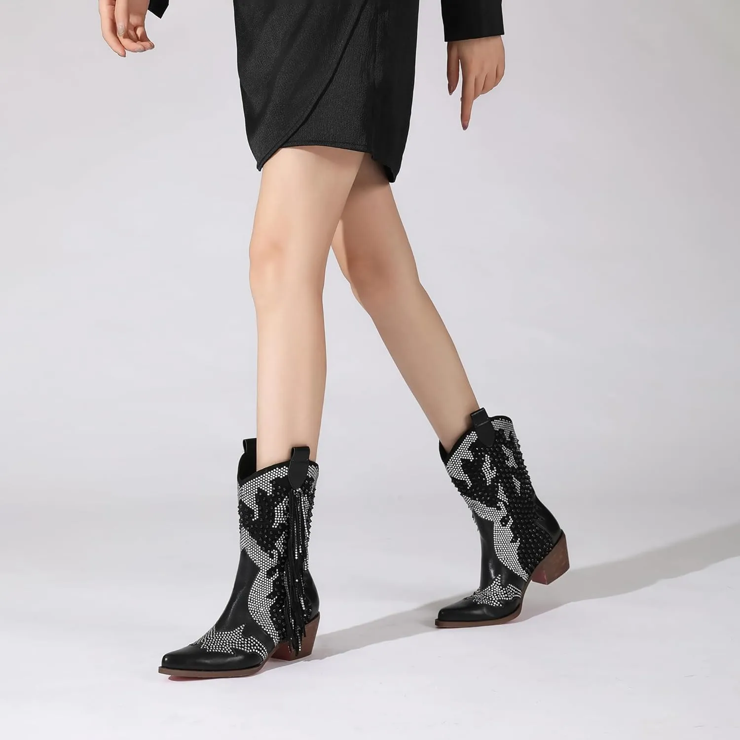 Tsrenlmln Ankle Boots for Women Pointed Toe Rhinestone Boots Chunky Heel Rivet Western Cowboy Boots With Tassel Womens Cowgirl Booties Slip-On Short Boots