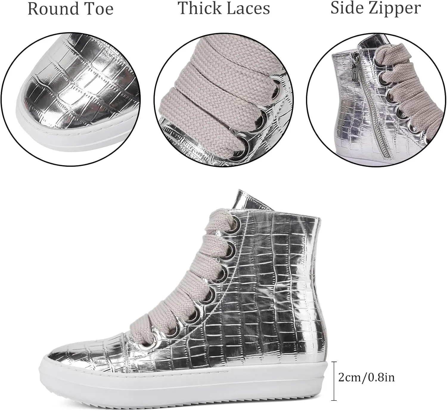 UBWDU Women’s Fashion High Top Sneakers Comfort Platform Wide Lace Up Crocodile Print PU Leather Walking Casual Shoes with Zipper