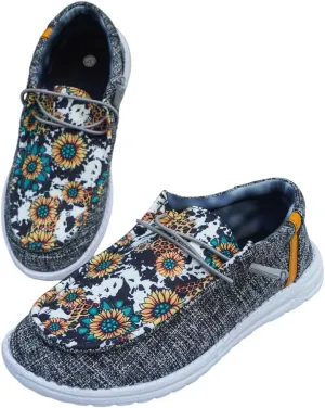 Unisex Chic Sunflower Pattern Upper Canvas Loafers Elastic Lace-up Closure Slip-on Sneakers Comfort Walking Boat Shoes Lightweight Breathable Sports Shoes for Women/Men Adults/Teenagers, White/Black