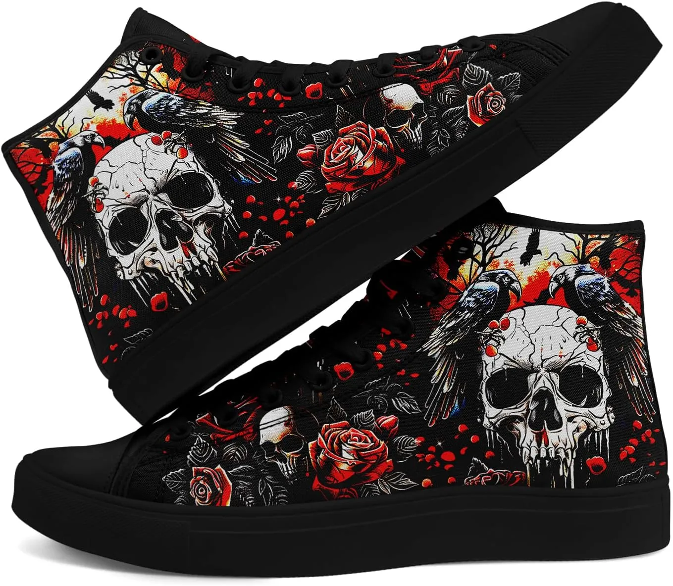 Unisex Skull High Tops Canvas Sneaker Classic Lace Up Fashion Tennis Shoes Casual Flat Walking Shoes