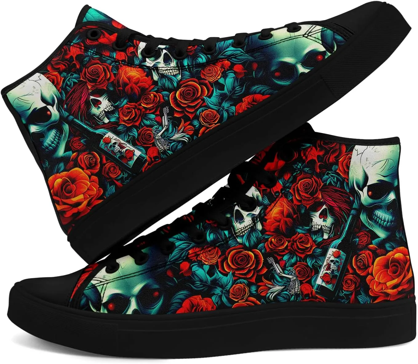 Unisex Skull High Tops Canvas Sneaker Classic Lace Up Fashion Tennis Shoes Casual Flat Walking Shoes