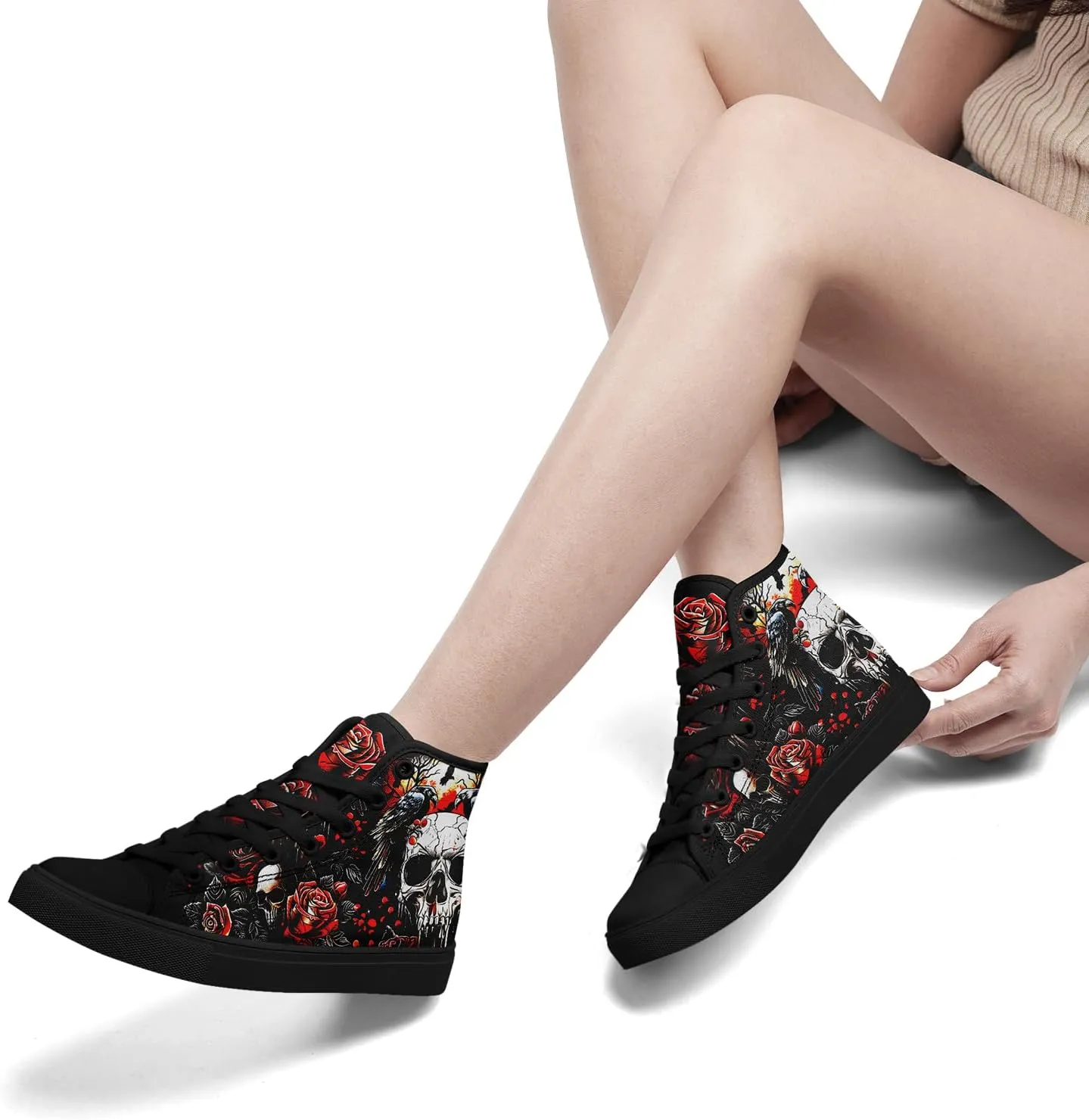 Unisex Skull High Tops Canvas Sneaker Classic Lace Up Fashion Tennis Shoes Casual Flat Walking Shoes