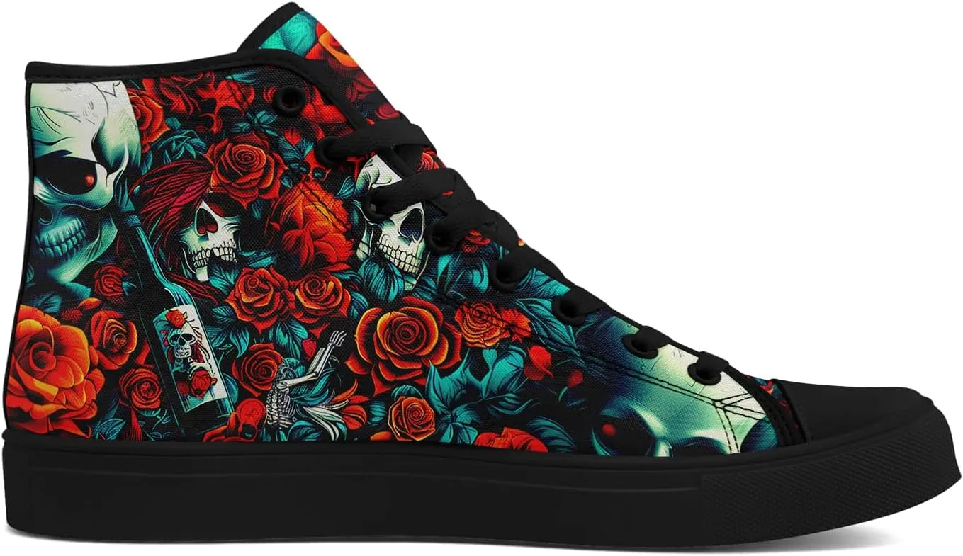 Unisex Skull High Tops Canvas Sneaker Classic Lace Up Fashion Tennis Shoes Casual Flat Walking Shoes