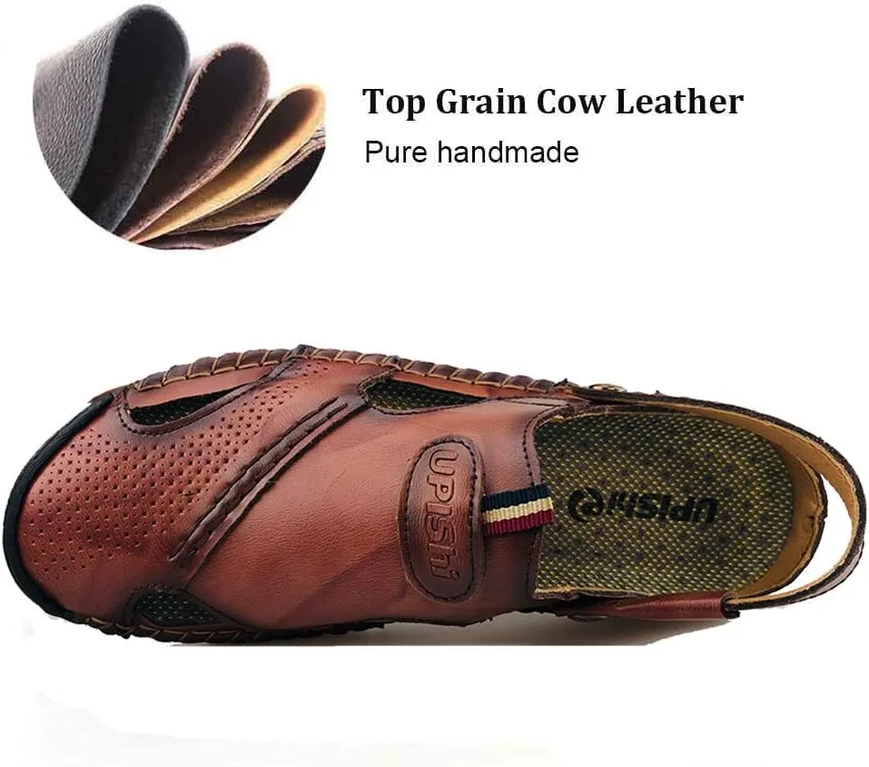 UPIShi Mens Closed Toe Casual Leather Strap Athletic Beach Outdoor Adjustable Sandals Fisherman Shoes