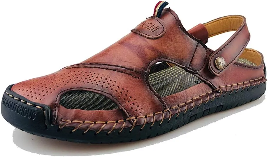 UPIShi Mens Closed Toe Casual Leather Strap Athletic Beach Outdoor Adjustable Sandals Fisherman Shoes