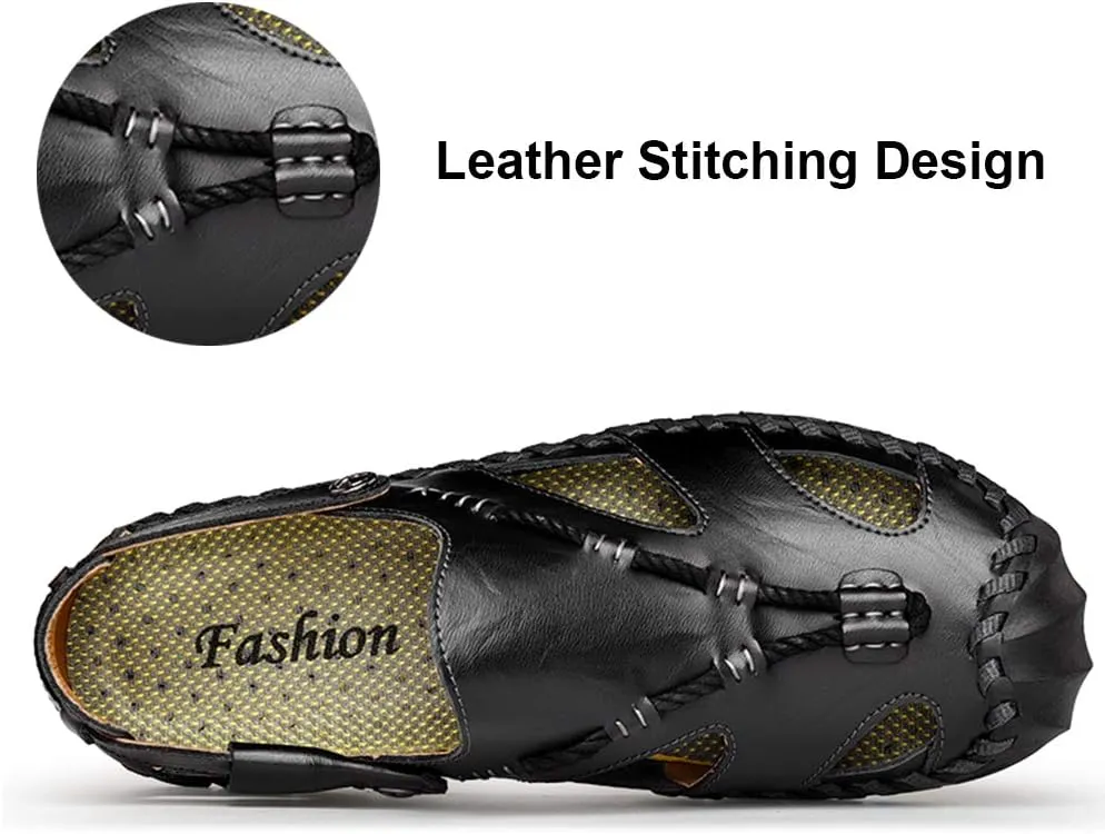 UPIShi Men's Closed Toe Leather Casual Fisherman Stitching Slippers Beach Summer Sandals
