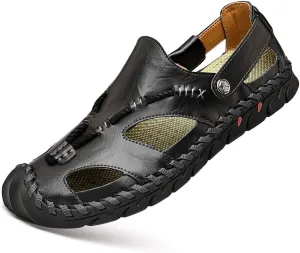 UPIShi Men's Closed Toe Leather Casual Fisherman Stitching Slippers Beach Summer Sandals