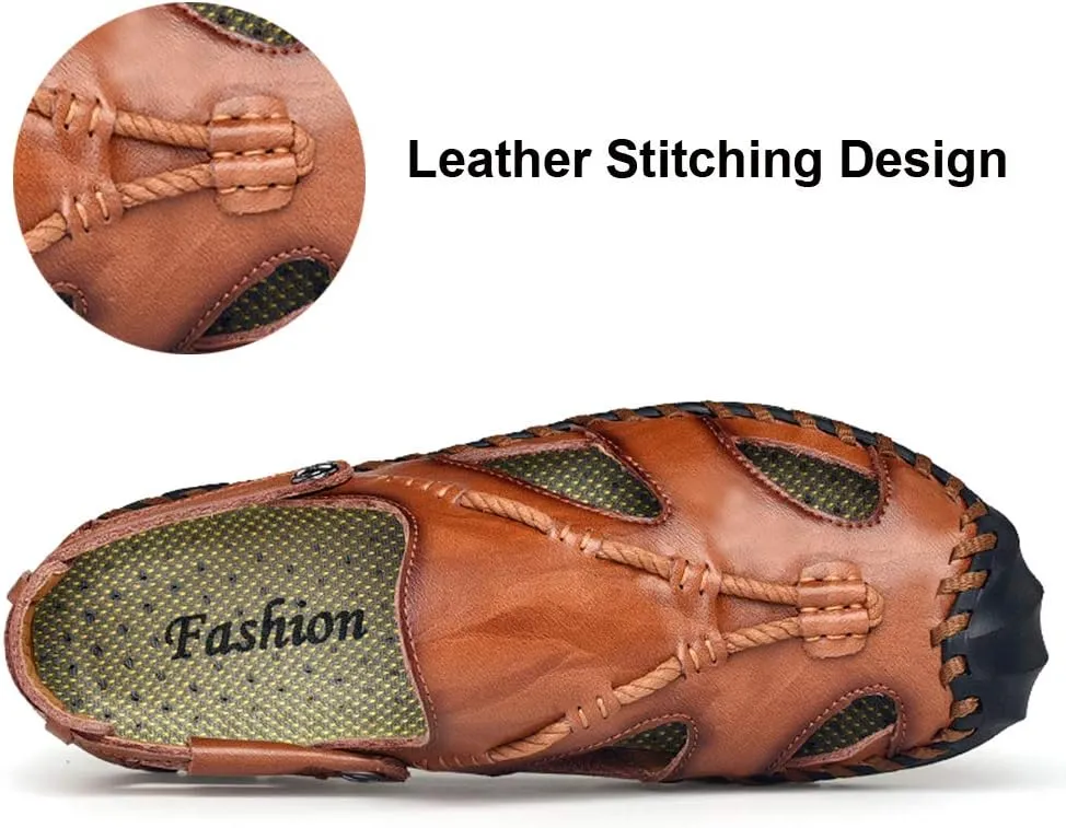 UPIShi Men's Closed Toe Leather Casual Fisherman Stitching Slippers Beach Summer Sandals