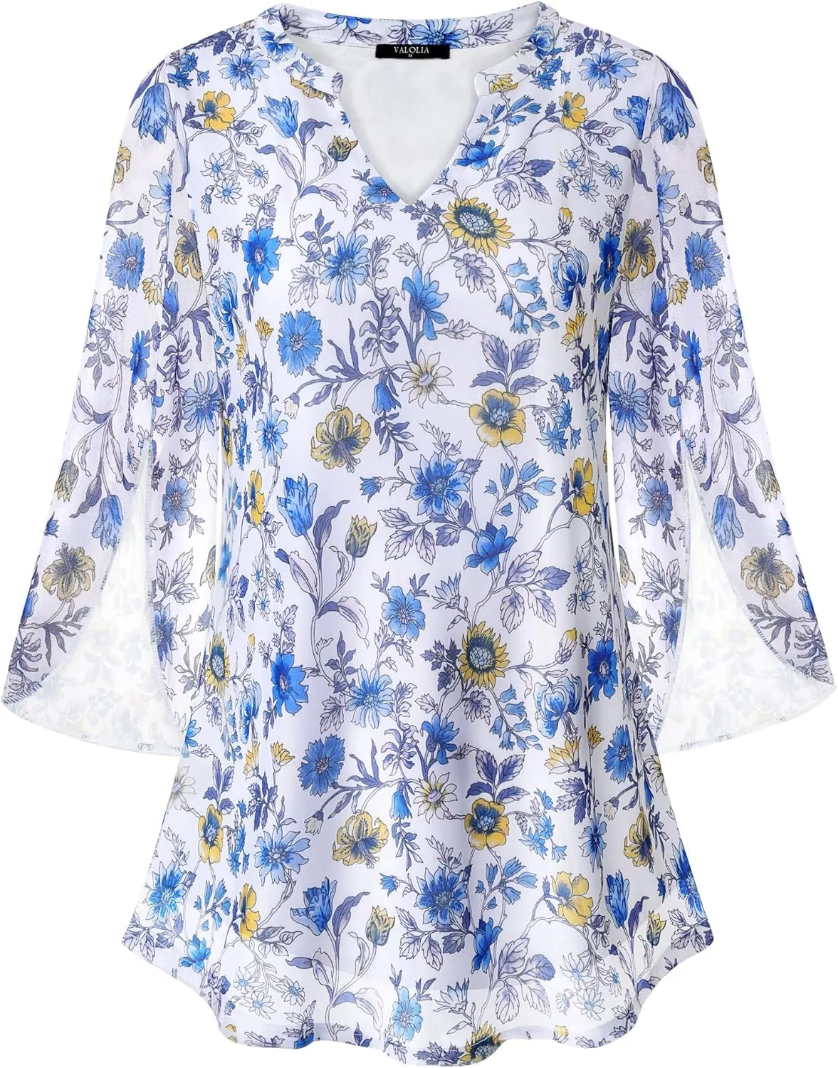 VALOLIA Women's 3/4 Sleeve Floral Tunic Tops V Neck Double Layers Loose Fit Mesh Blouses Shirt