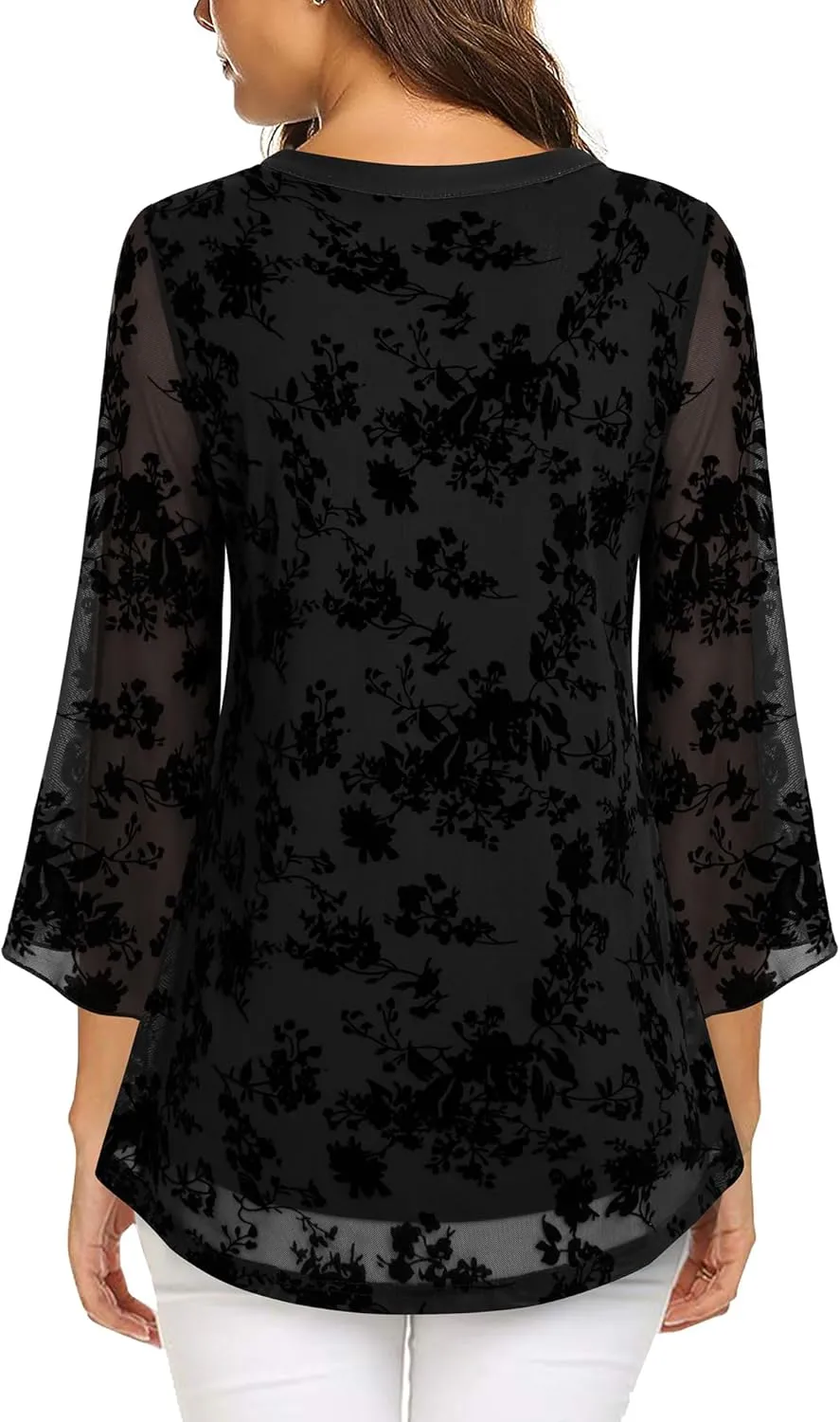 VALOLIA Women's 3/4 Sleeve Floral Tunic Tops V Neck Double Layers Loose Fit Mesh Blouses Shirt