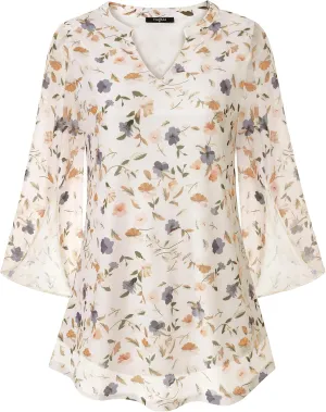 VALOLIA Women's 3/4 Sleeve Floral Tunic Tops V Neck Double Layers Loose Fit Mesh Blouses Shirt