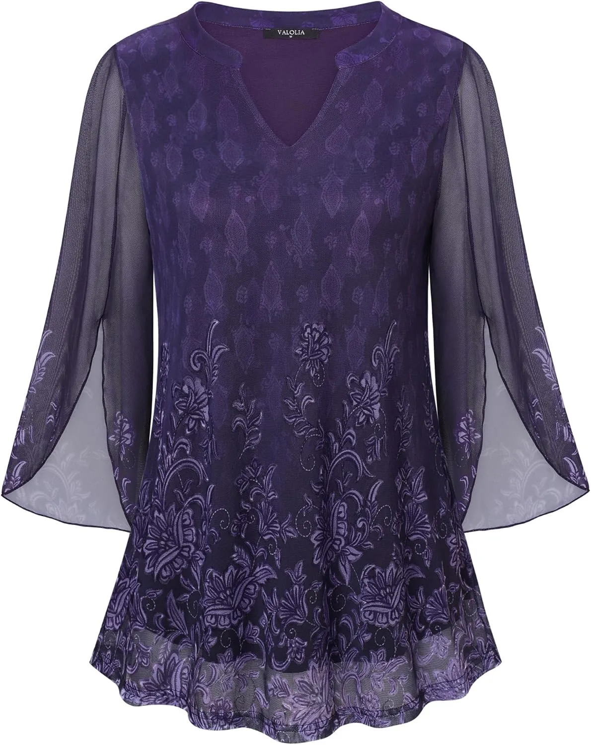 VALOLIA Women's 3/4 Sleeve Floral Tunic Tops V Neck Double Layers Loose Fit Mesh Blouses Shirt