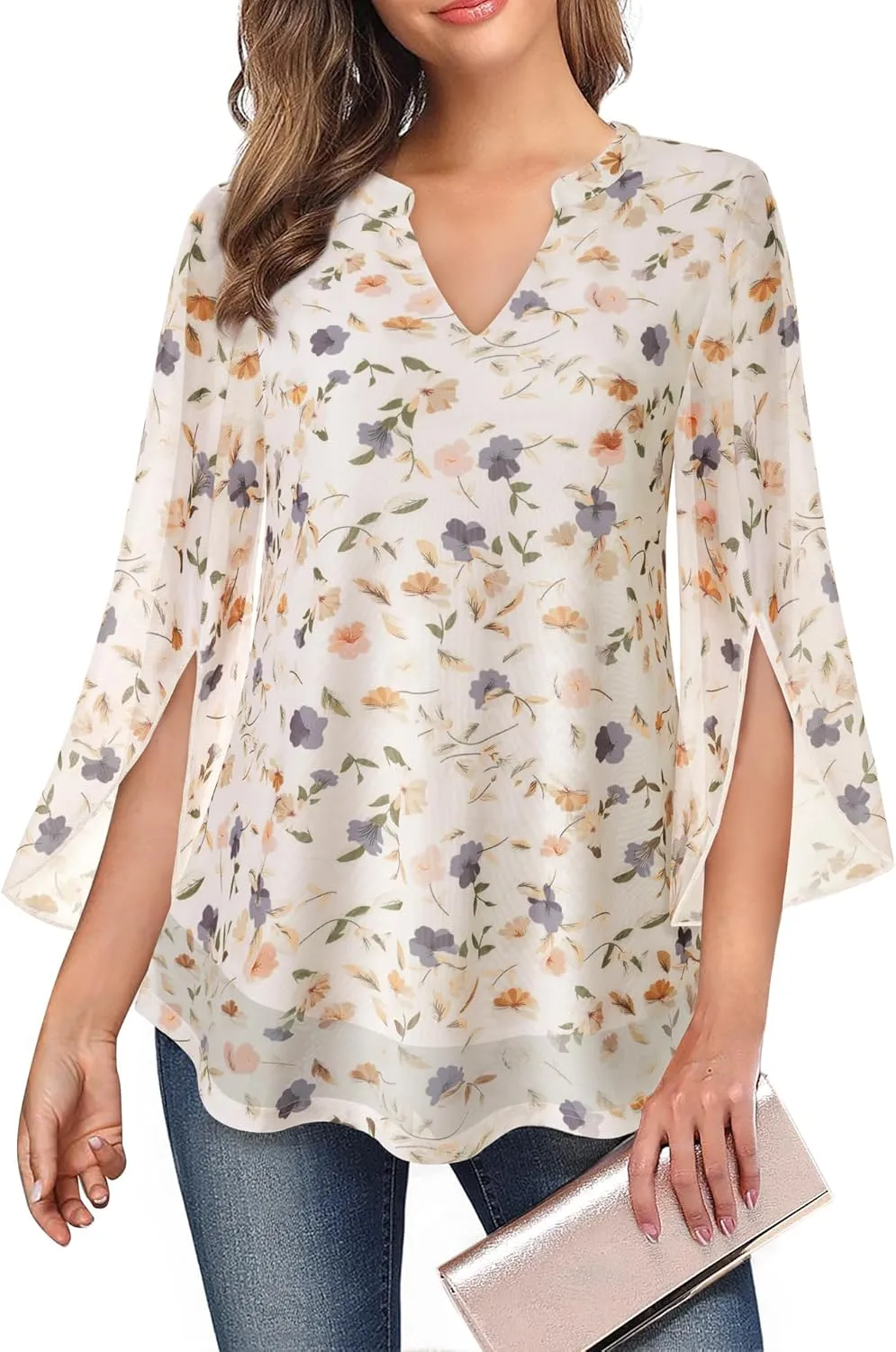 VALOLIA Women's 3/4 Sleeve Floral Tunic Tops V Neck Double Layers Loose Fit Mesh Blouses Shirt
