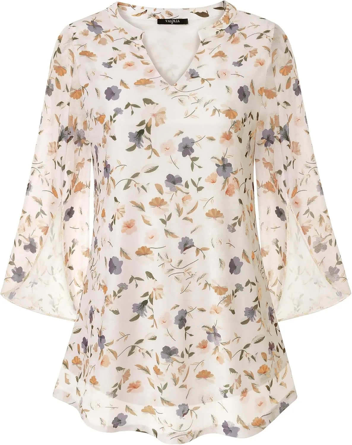 VALOLIA Women's 3/4 Sleeve Floral Tunic Tops V Neck Double Layers Loose Fit Mesh Blouses Shirt