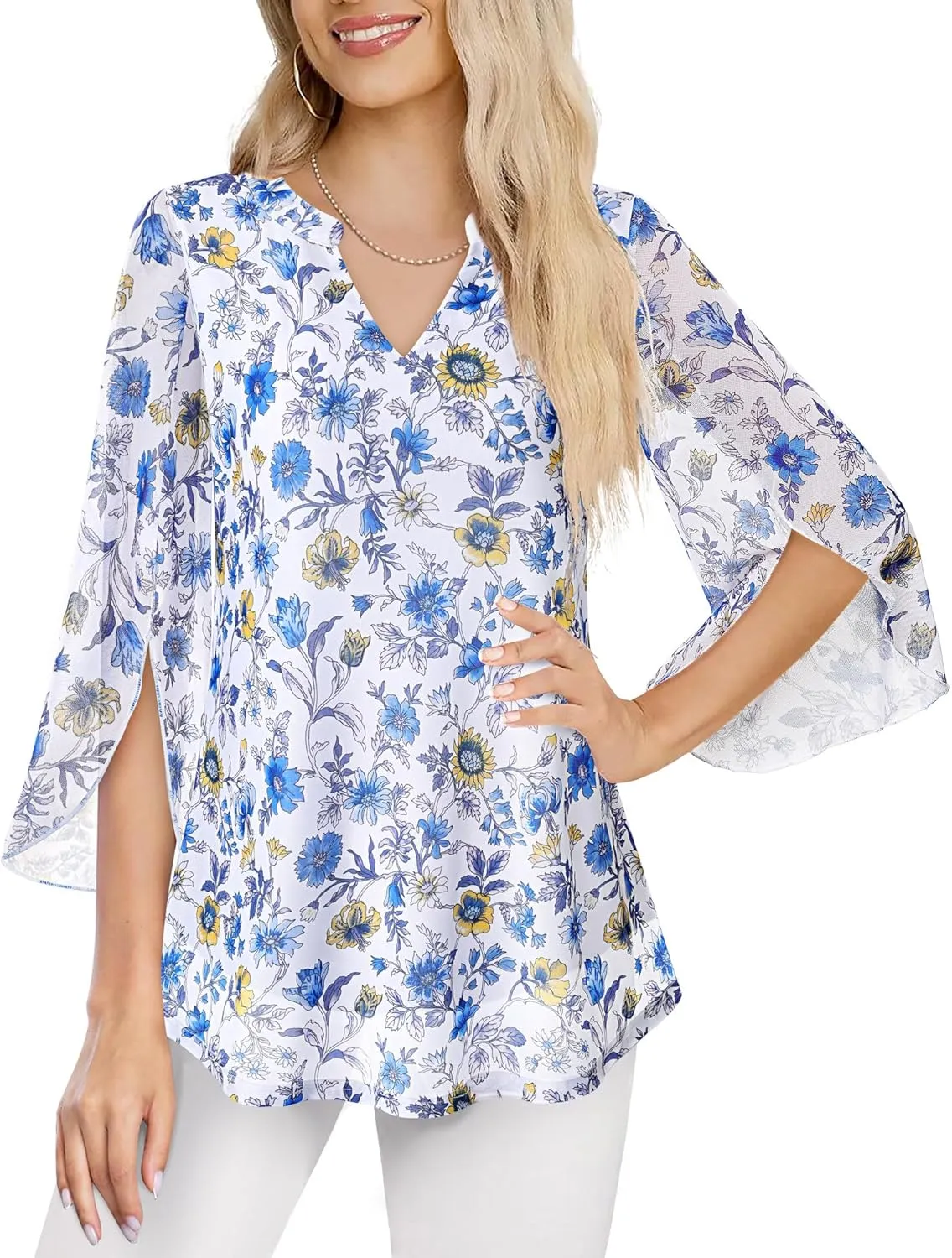 VALOLIA Women's 3/4 Sleeve Floral Tunic Tops V Neck Double Layers Loose Fit Mesh Blouses Shirt