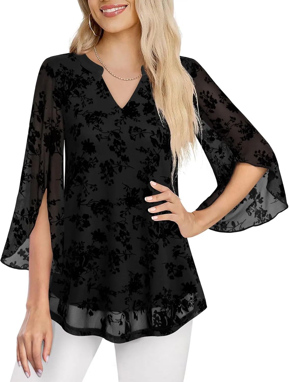 VALOLIA Women's 3/4 Sleeve Floral Tunic Tops V Neck Double Layers Loose Fit Mesh Blouses Shirt