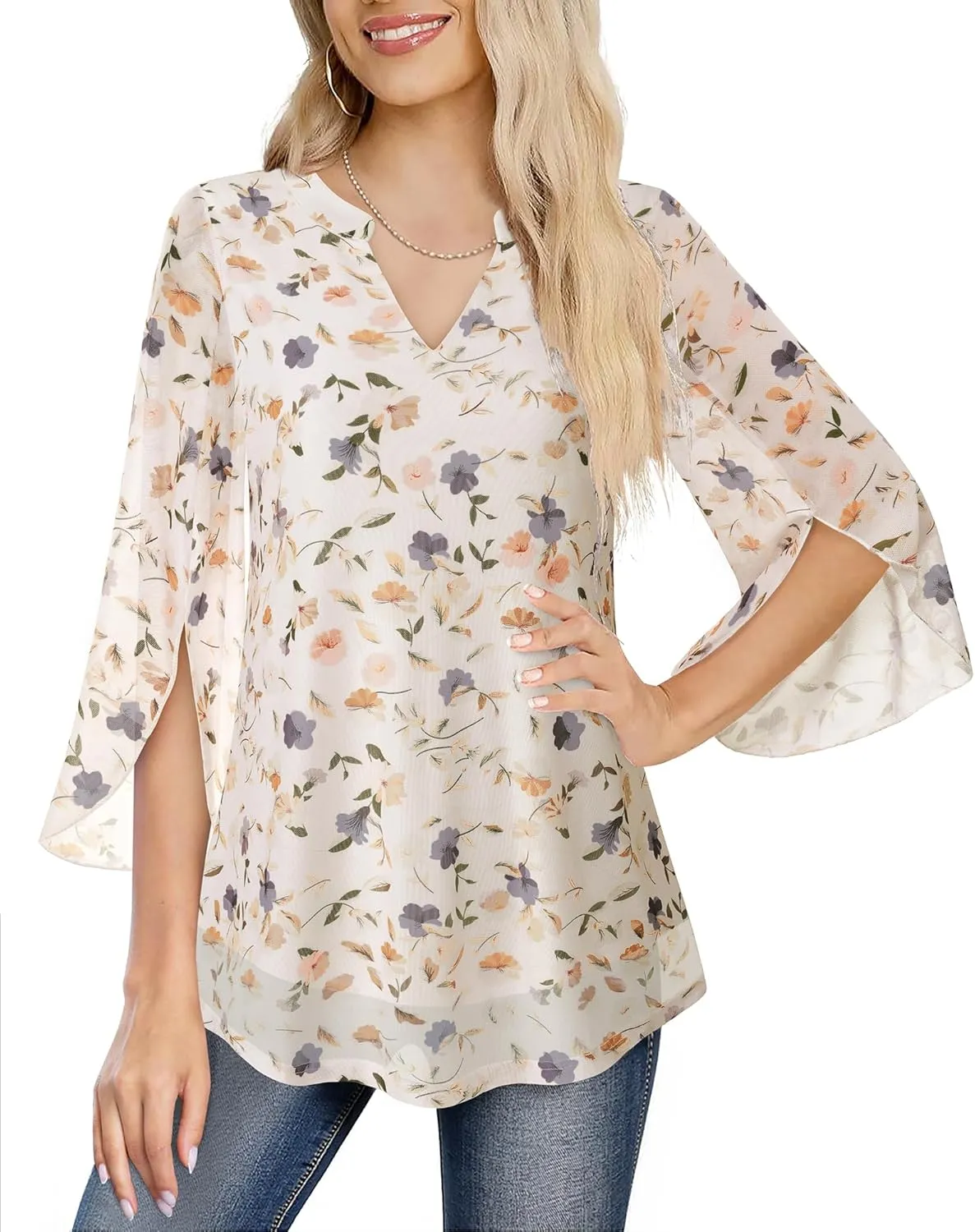 VALOLIA Women's 3/4 Sleeve Floral Tunic Tops V Neck Double Layers Loose Fit Mesh Blouses Shirt