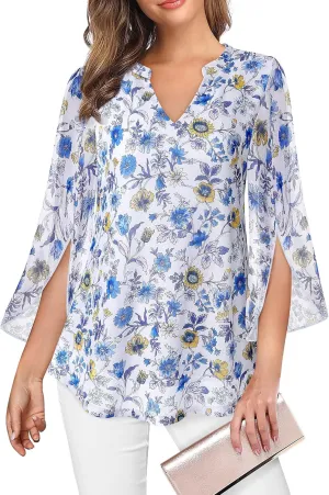 VALOLIA Women's 3/4 Sleeve Floral Tunic Tops V Neck Double Layers Loose Fit Mesh Blouses Shirt