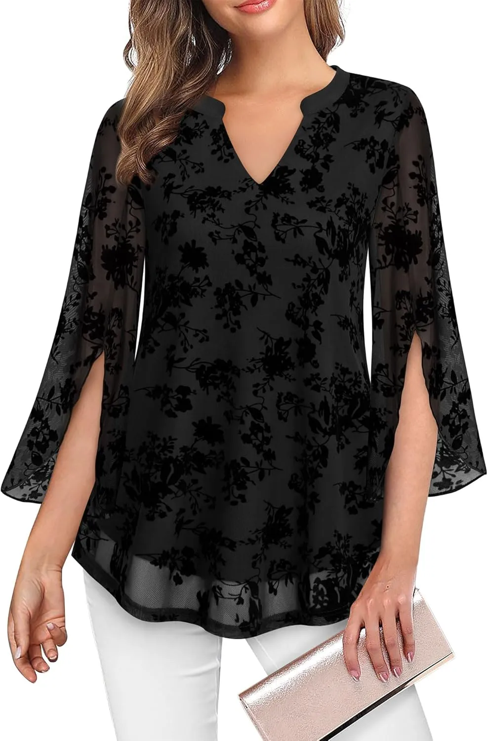 VALOLIA Women's 3/4 Sleeve Floral Tunic Tops V Neck Double Layers Loose Fit Mesh Blouses Shirt