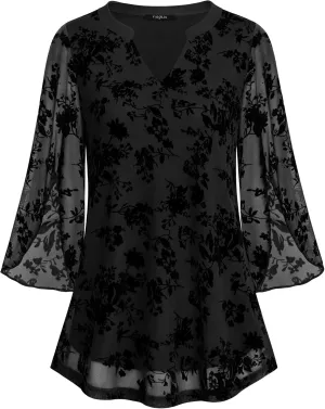 VALOLIA Women's 3/4 Sleeve Floral Tunic Tops V Neck Double Layers Loose Fit Mesh Blouses Shirt