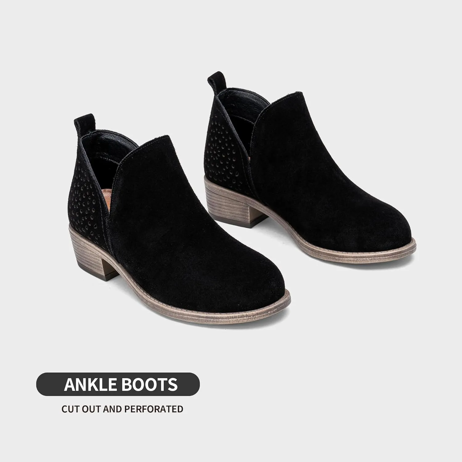 Vepose Women's Short Ankle Boots Low Heel, Western Cutout Perforated Booties