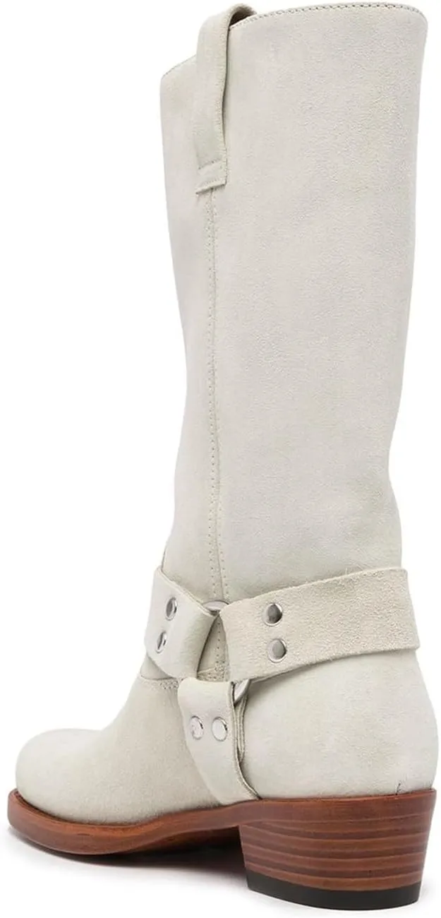 Vertundy Women's Chunky Heel Mid Calf Boot Square Toe Riding Boots Buckle Comfortable Slip On Fashion Causal Booties