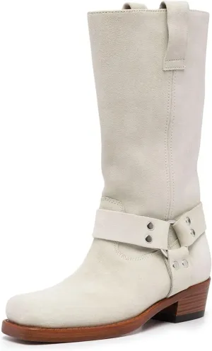 Vertundy Women's Chunky Heel Mid Calf Boot Square Toe Riding Boots Buckle Comfortable Slip On Fashion Causal Booties