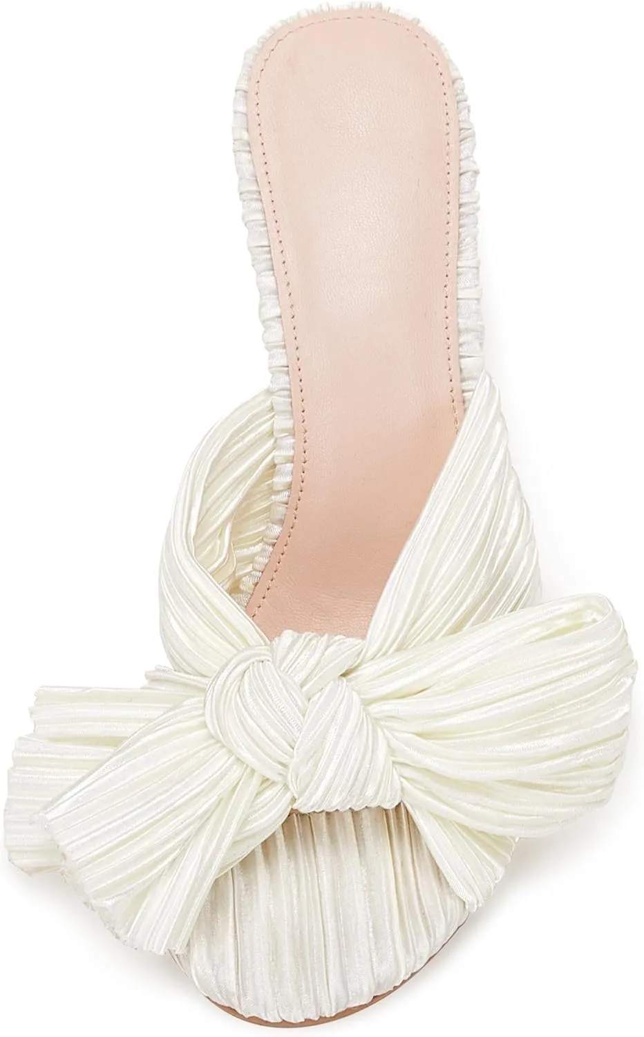 VETASTE Women's Pleated Bow Knot Heeled Sandals Comfortable Slip On Open Toe Block Chunky Heel Slides Bridal Wedding Dress Shoes