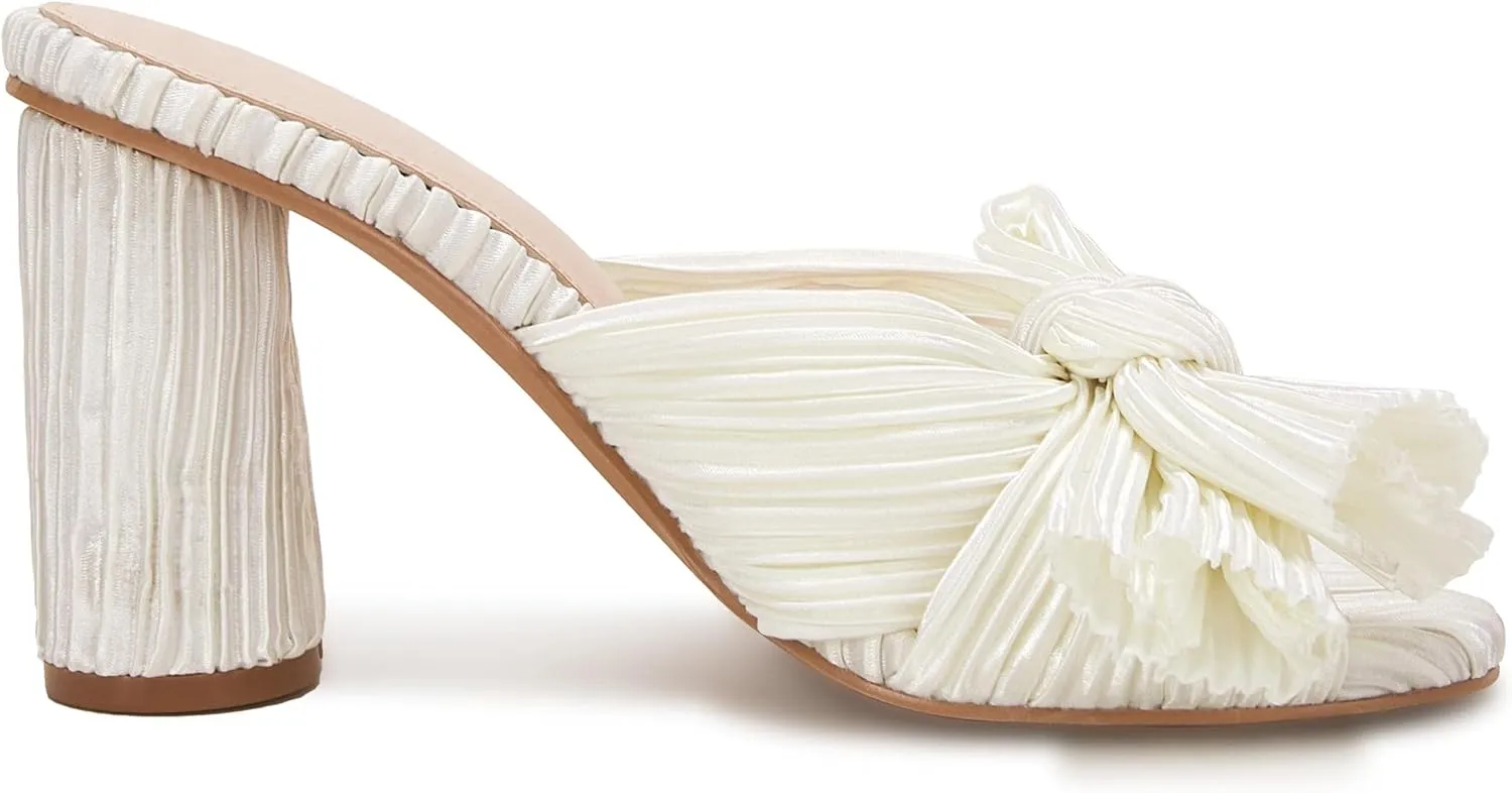 VETASTE Women's Pleated Bow Knot Heeled Sandals Comfortable Slip On Open Toe Block Chunky Heel Slides Bridal Wedding Dress Shoes
