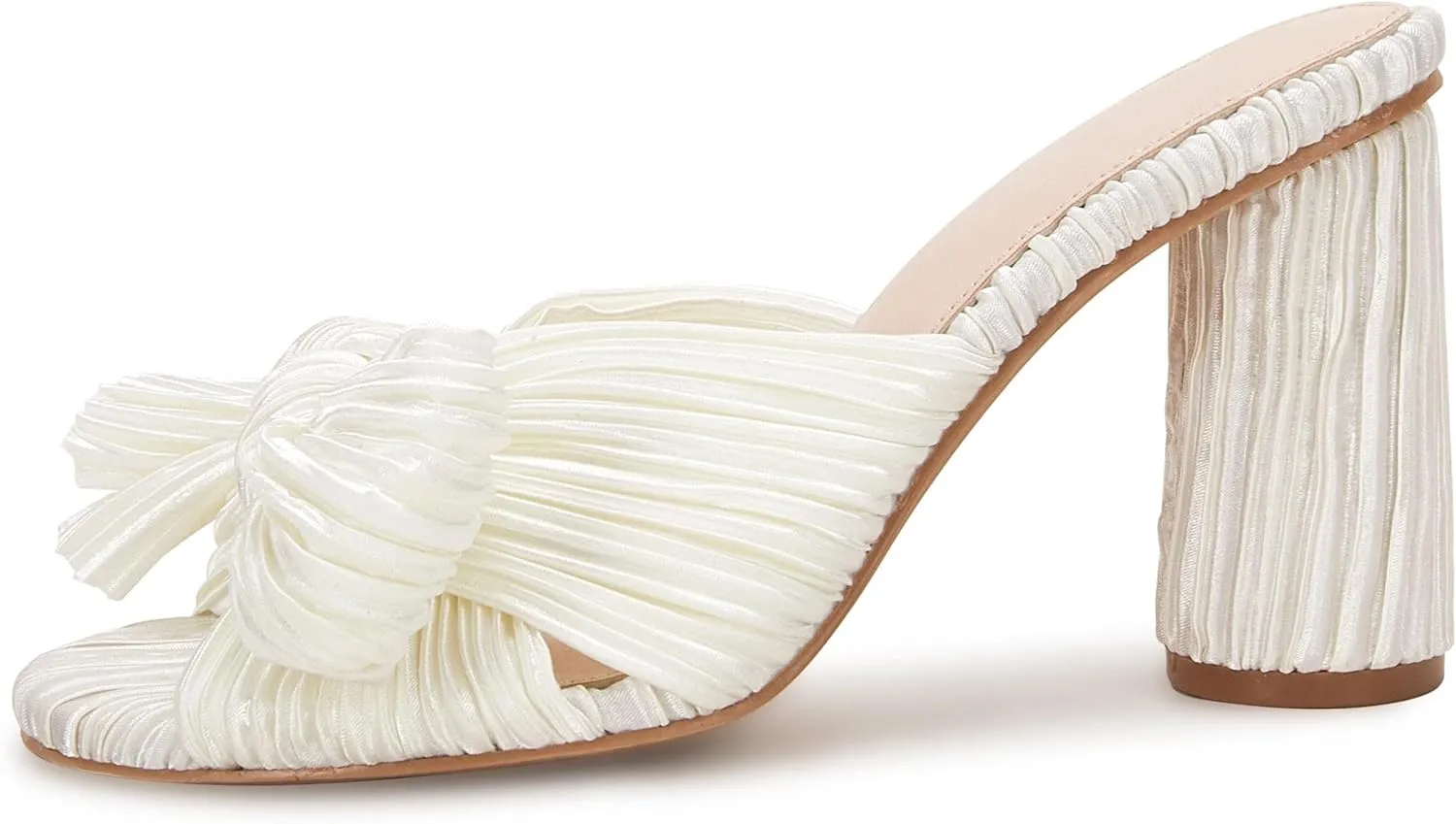VETASTE Women's Pleated Bow Knot Heeled Sandals Comfortable Slip On Open Toe Block Chunky Heel Slides Bridal Wedding Dress Shoes